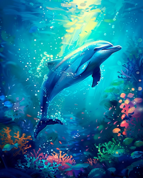 Watercolor illustration of dolphin