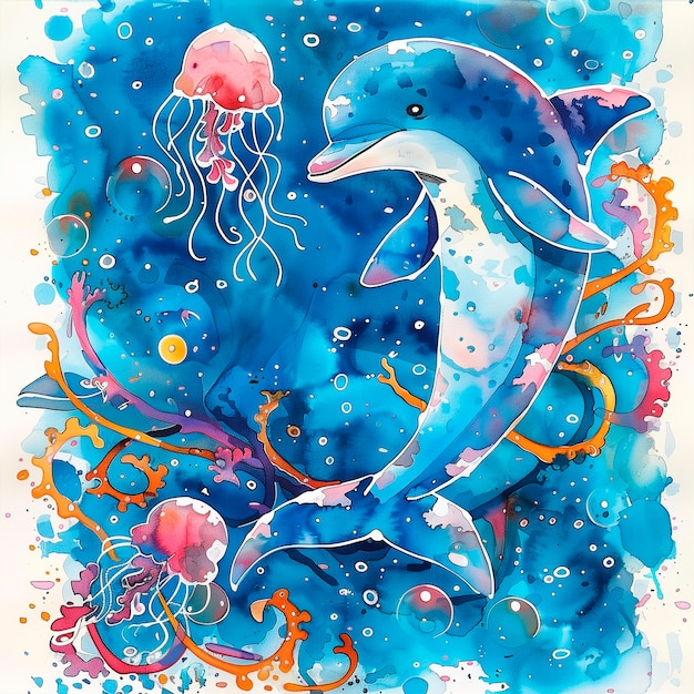 Watercolor illustration of dolphin