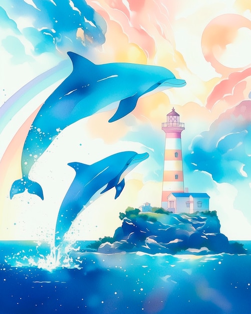 Watercolor illustration of dolphin