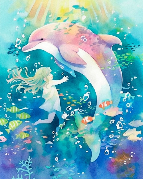 Watercolor illustration of dolphin