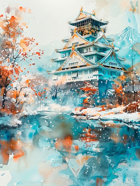 Free photo watercolor landscape from japan with traditional elements