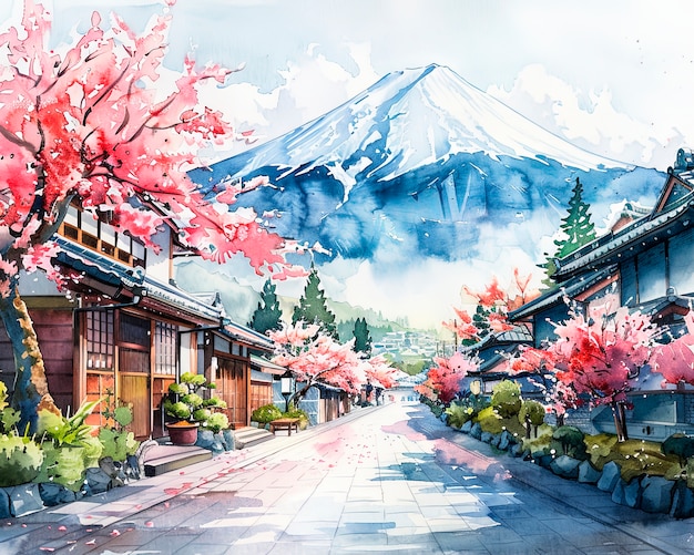 Watercolor landscape from japan with traditional elements