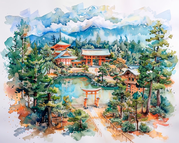 Watercolor landscape from japan with traditional elements