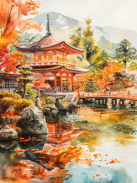 Watercolor landscape from japan with traditional elements