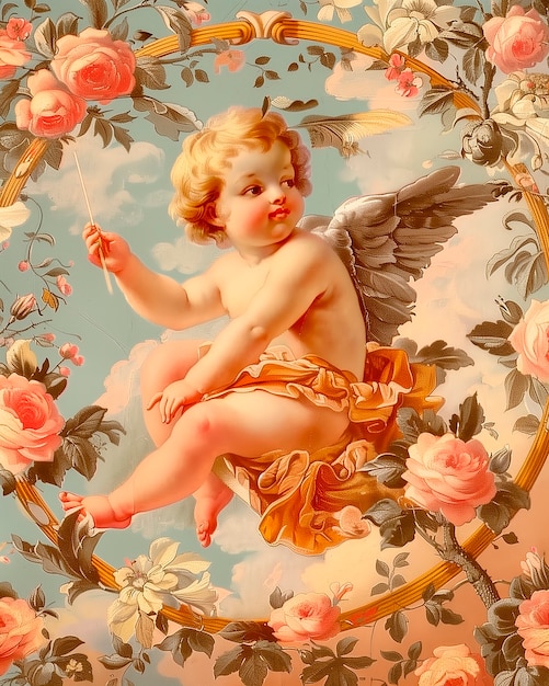 Free photo watercolor rococo cupid angel illustration