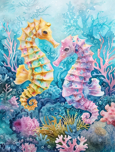 Free Photo watercolor seahorse animal