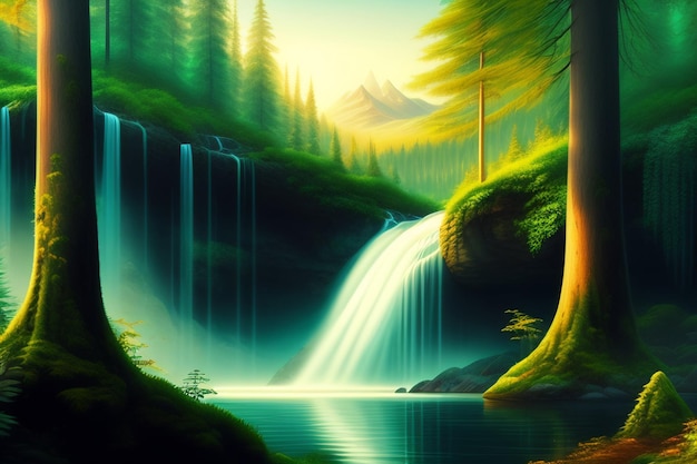 A waterfall in a forest with a green background