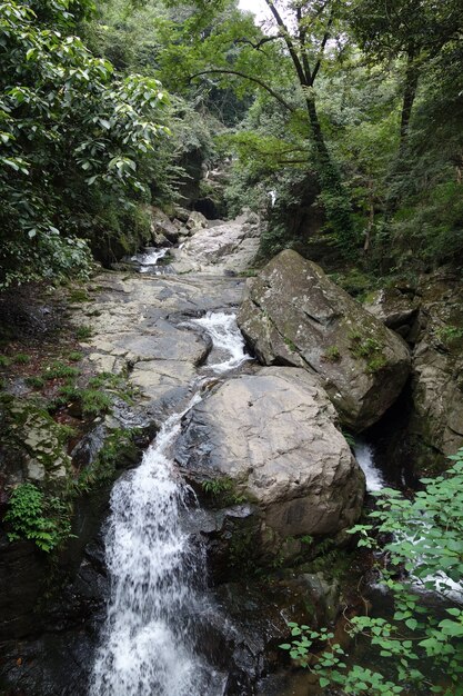 Waterfall with stones covered with moss in China