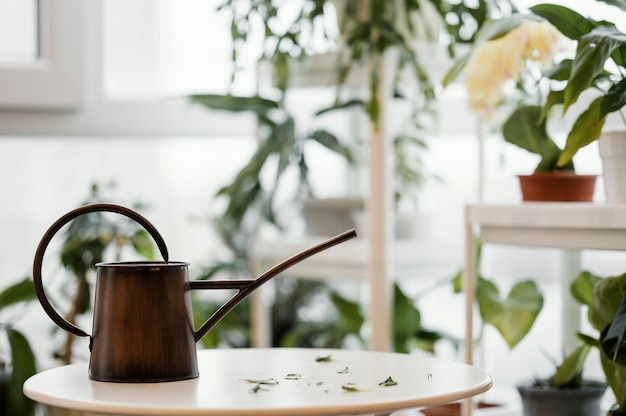 Free photo watering can on table in the apartment with plants