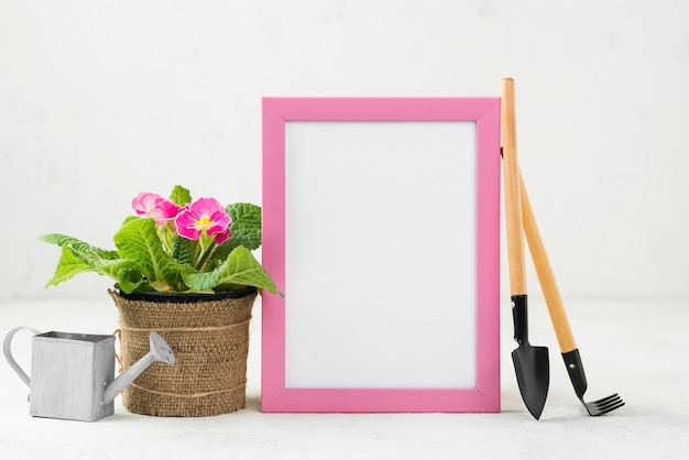 Watering can and tools beside flowers tool