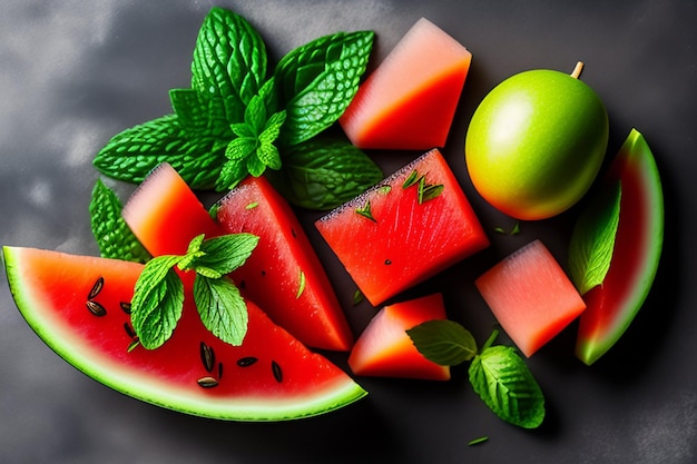 Watermelon and mint are on a black background