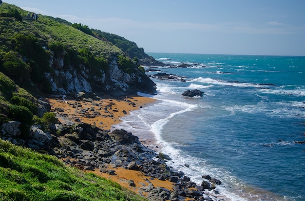 Free photo wavy ocean hitting the rocky beach surrounded by cliffs in new zealand