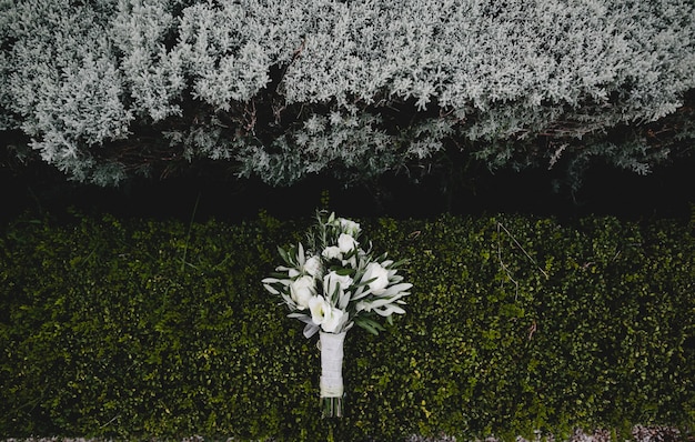 Wedding bouquet of white flowers lies on green bush