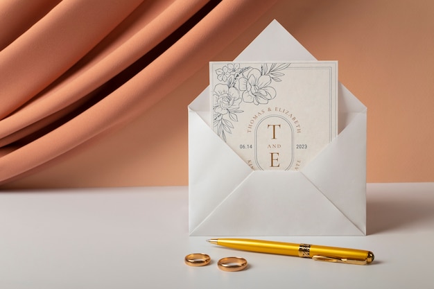 Free photo wedding invitation and pen arrangement