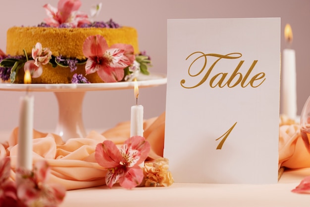 Wedding table with tasty cake and card