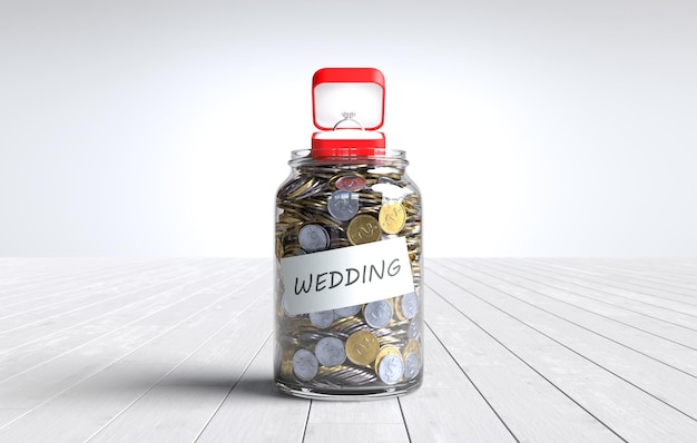 Wedding word with the coin in a glass jar Save money for the wedding reception