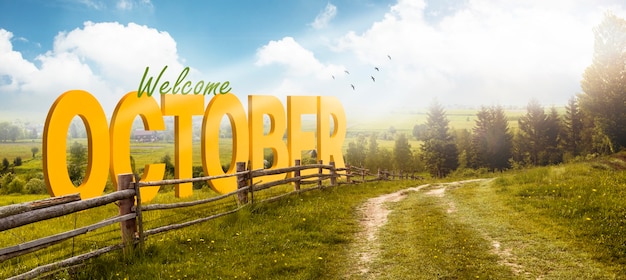 Welcome october landscape with meadow