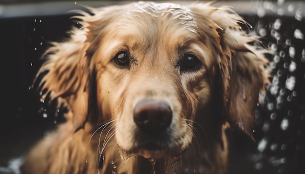 Wet puppy sitting in rain looking cute generated by AI