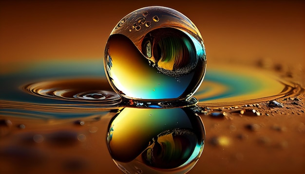 Free photo wet sphere on reflective water abstract beauty generated by ai