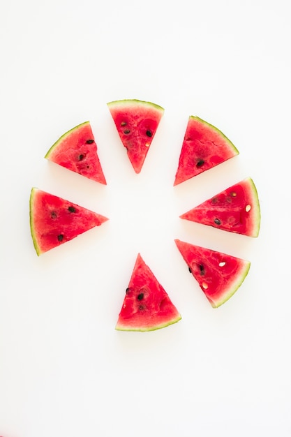 Wheel made with watermelon slices isolated on white background