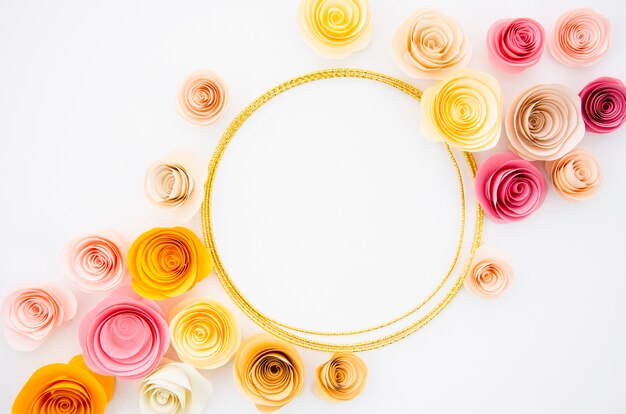 White background with round paper flowers frame