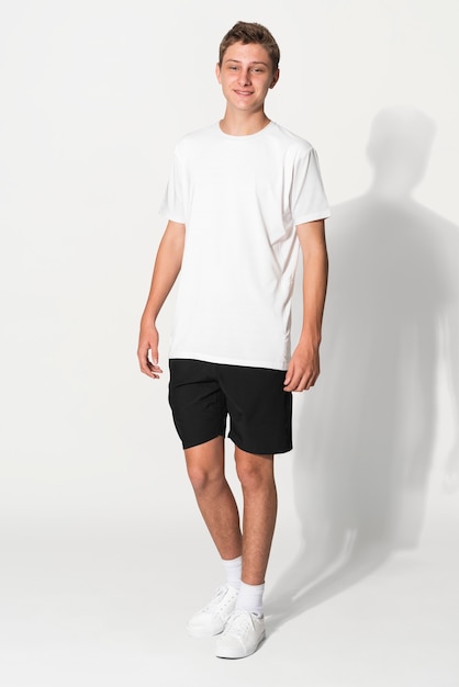 Free photo white basic t-shirt for boys’ teen’s apparel studio shoot