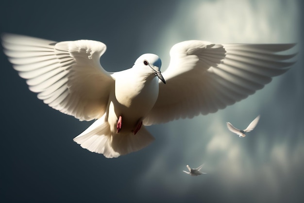 Free photo a white bird with a blue head is flying in the sky with the word peace on it.