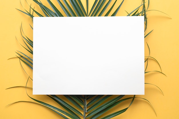 Free Photo white card paper on green palm leaf against yellow backdrop