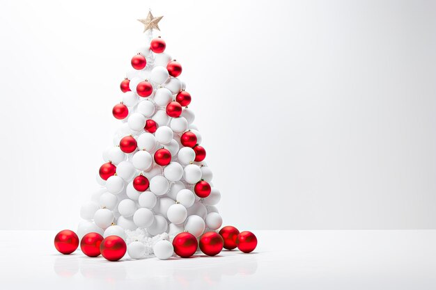 white christmas tree decorated with red christmas balls on white background Christmas background