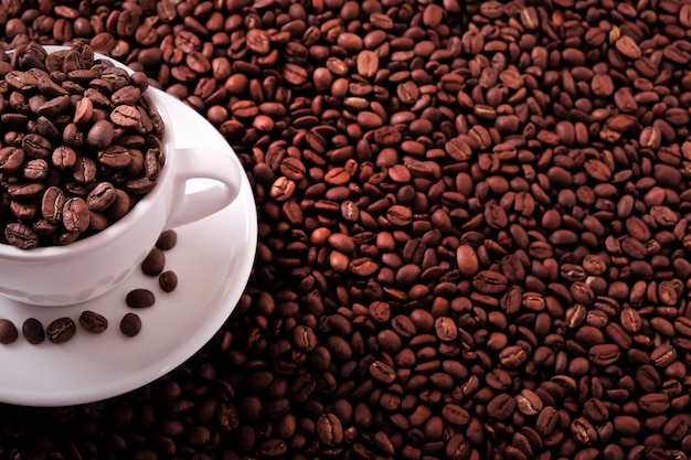 White coffee cup filled with roasted beans