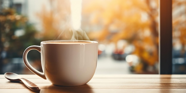 Free photo a white coffee cup with a spoon with a cafe in the background