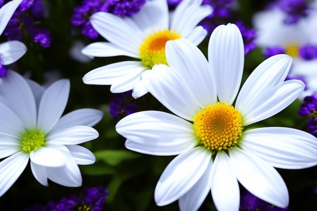 Free photo a white daisy with a yellow center is surrounded by purple and yellow flowers.