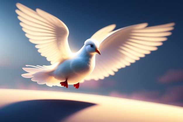 Free photo a white dove flying in the sky with its wings spread.