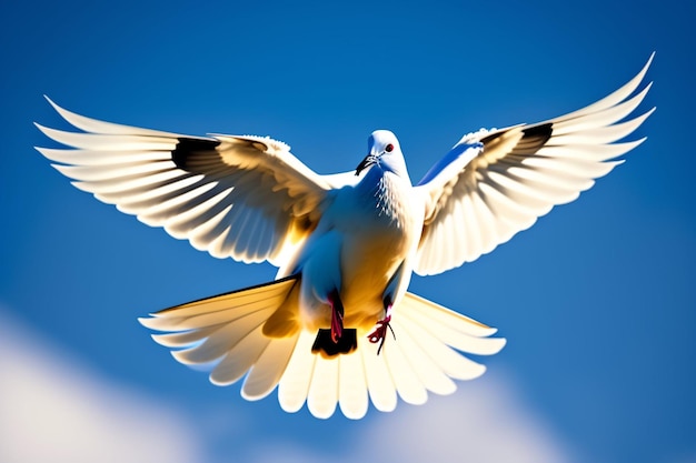 Free photo a white dove with black and white feathers is flying in the sky.