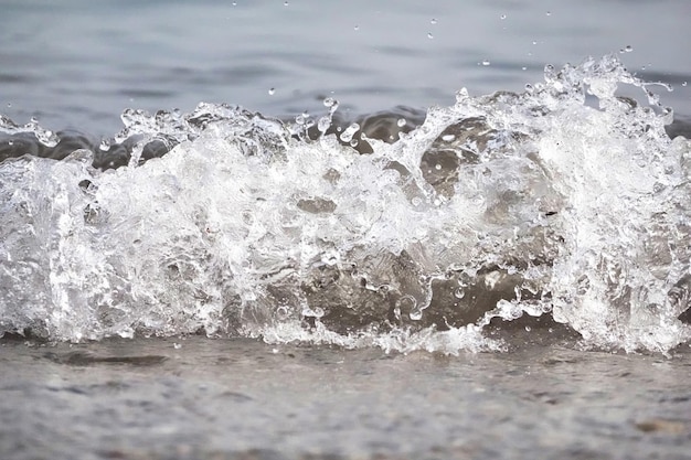 White foam and sea water drop splashes slow motion with sand and blue water