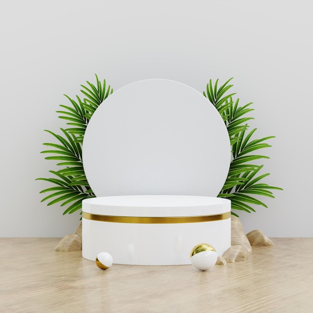 Free Photo white gold podium mockup for product presentation decorated with palm leaves 3d rendering