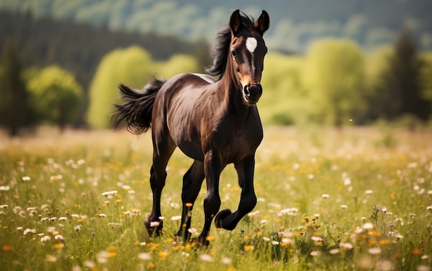 White horse running in flowery pasture