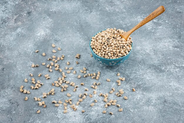 White kidney beans in blue bowl with spoon.