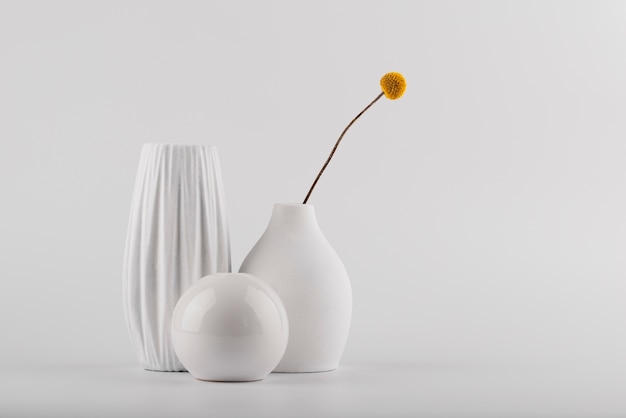 Free photo white modern vases with plant arrangement