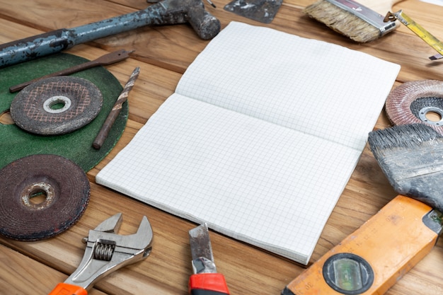 White paper and manual tool set on wooden floor.