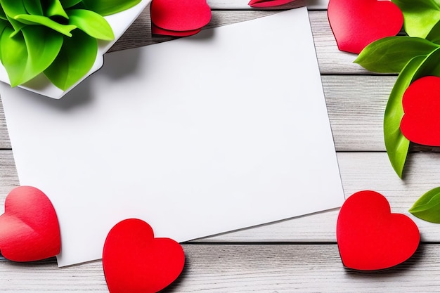 Free photo a white paper with red hearts on it sits on a wooden table