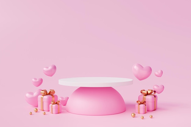 Free photo white podium with hearts and pink gift box cylinder pedestal product display stand romance love platform on pink background 3d rendering