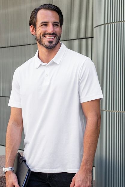 Free photo white polo shirt street style menswear fashion apparel shoot