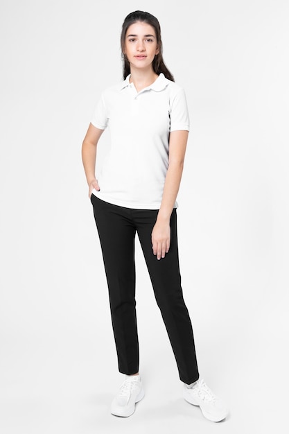 White polo shirt women's casual business wear full body