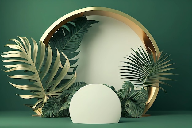 White product podium with green tropical palm leaves generative ai