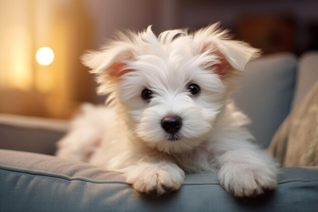 Free Photo a white puppy on the couch cute animal looks