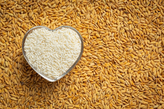 White rice in heart shaped bowl place on the floor full of paddy rice