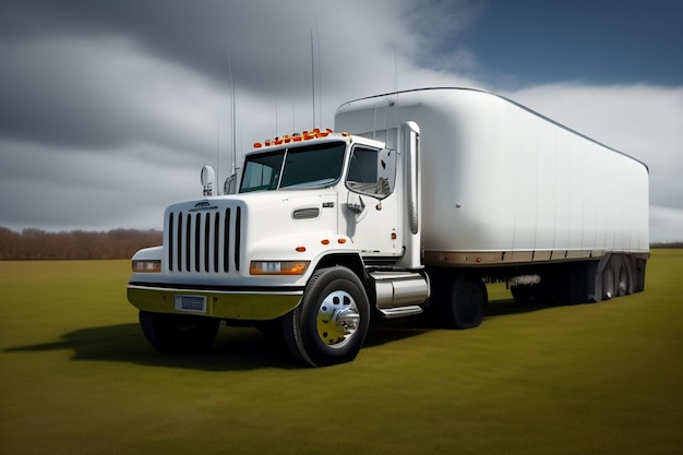 A white semi truck with a white trailer that says the word on the front