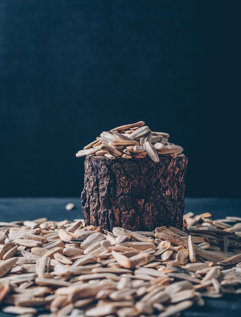 Free photo white sunflower seeds in a wood stub and around on a black background. side view. space for text