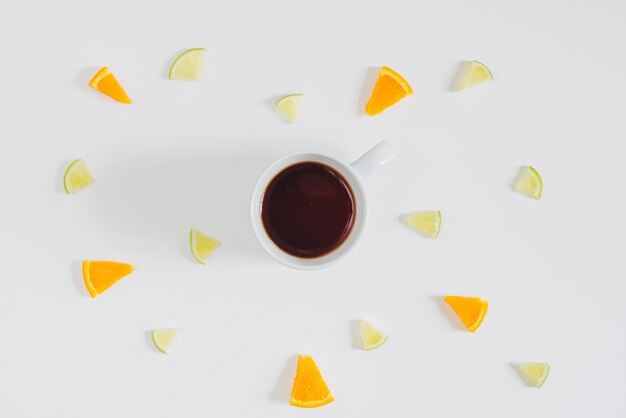 White surface with coffee cup and fruit bits